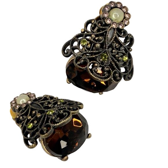 Hobe Crystal Filagree Clip On Earrings 2" Signed Legendary Splendor Jewels - Picture 11 of 15